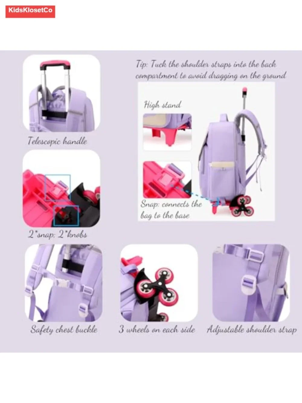 Kids Rolling Backpack with Wheels, Water-Resistant Nylon Trolley Bag for School